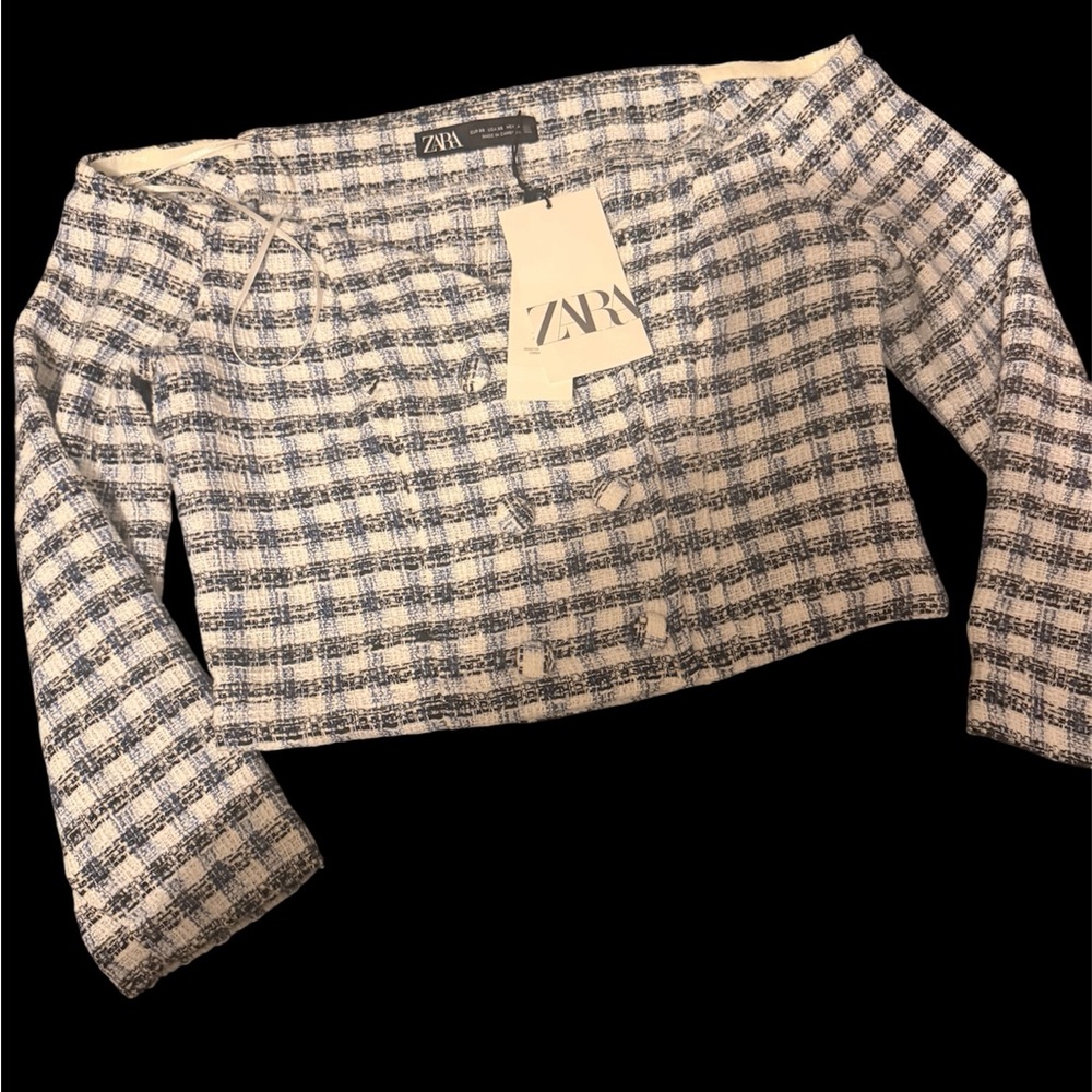 Zara Navy & White Tweed Cropped Jacket